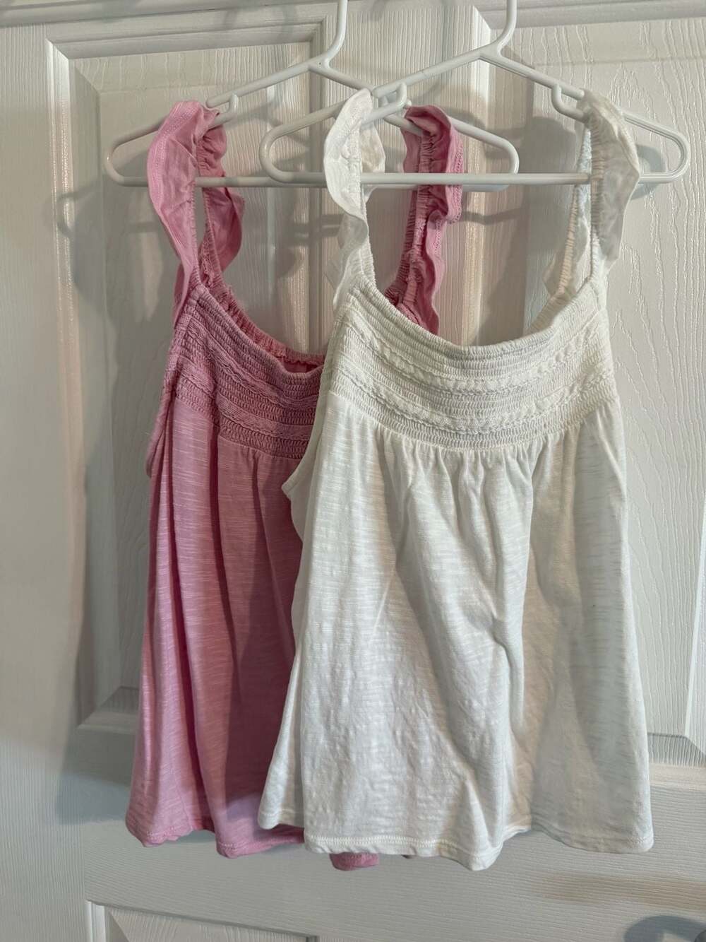 SO Women's Ruffled Shoulder Smocked Tank Top Bundle, Pink and White